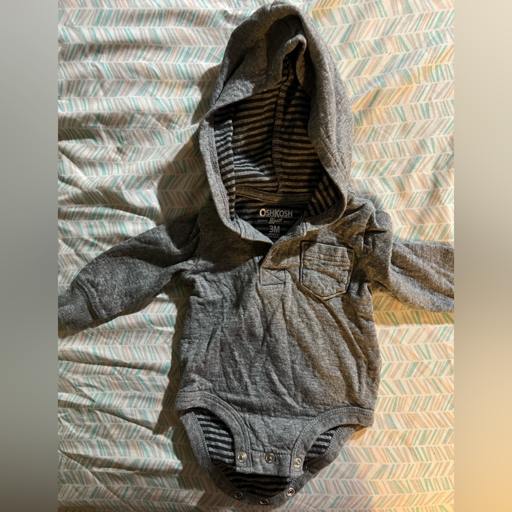 Baby boy long sleeve hooded onesie. 3 months. Barely worn